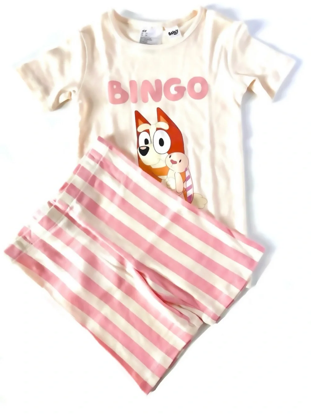 NWOT H&M Girls Outfit Set 🐰 Bingo Fluffy Cream Tee + Pink Stripe Shorts Size 5Y